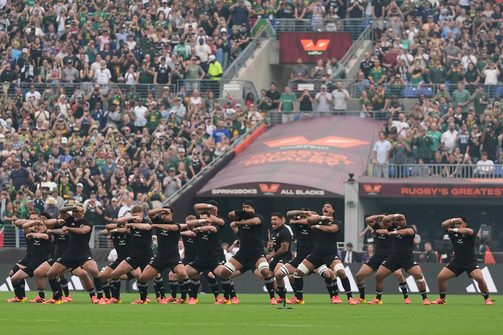 The New Zealand All Blacks perform the haka ahead of their rugby international against the Springboks in Baltimore, USA, Saturday, Sept. 12, 2026. (AP Photo/Stephanie Scarbrough)