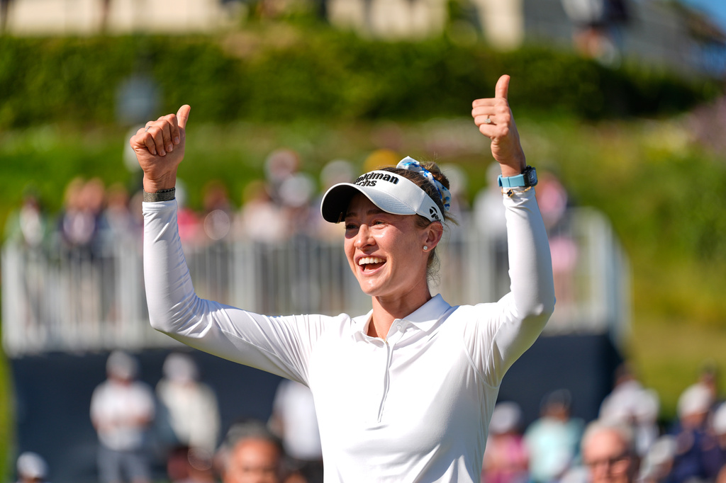 Nelly Korda celebrates after winning the U.S. Women's Open golf tournament Sunday, June 7, 2026, in the Pacific Palisades area of Los Angeles. (AP Photo/Ashley Landis)