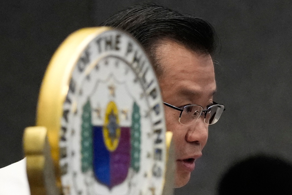 New Senate President Sherwin Gatchalian talks during a special session at the Philippine Senate in Pasay city, Philippines on Wednesday, June 17, 2026. (AP Photo/Aaron Favila)