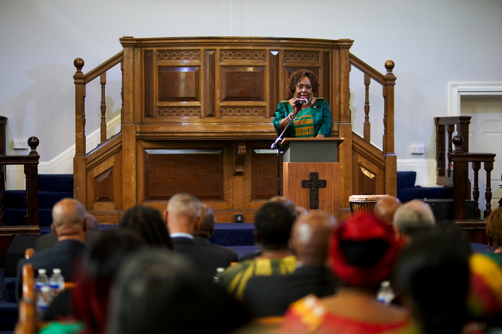 Jamaica's Minister of Culture, Gender, Entertainment and Sport, Olivia Grange, speaks during a service, in London, Sunday, Sept. 6, 2026, for the "remembrance, justice and repair" before filing a petition to refer three specific questions about trans-Atlantic slavery to the Judicial Committee of the Privy Council. (AP Photo/Alberto Pezzali)