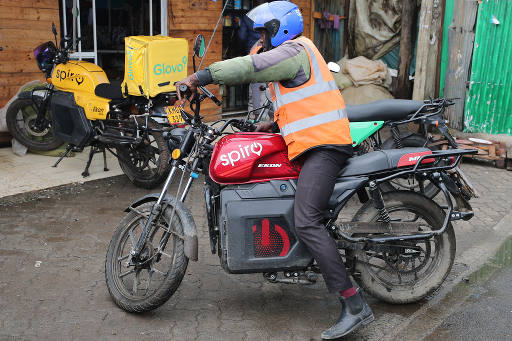 FILE - A rider sits on an electric Spiro motorcycle in Nairobi, Kenya, Tuesday, Feb. 24, 2026. (AP Photo/Henry Naminde, File)
