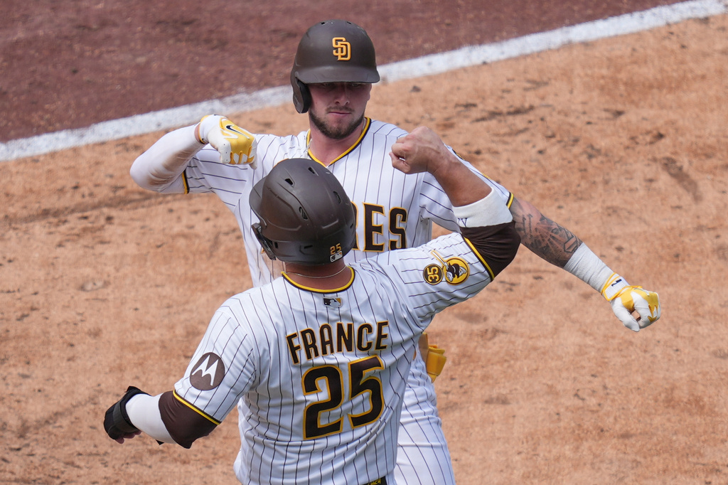 San Diego Padres' Jackson Merrill, above, celebrates with teammate Ty France (25) after hitting a two-run home run during the fifth inning of a baseball game against the Washington Nationals Wednesday, Sept. 9, 2026, in San Diego. (AP Photo/Gregory Bull)