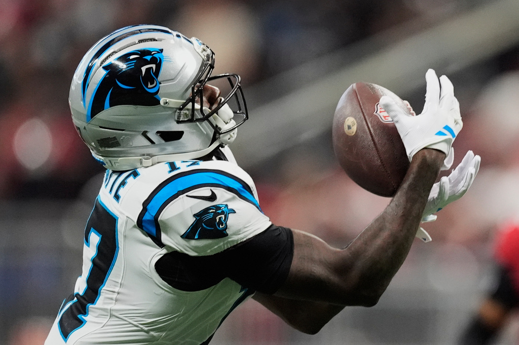 Carolina Panthers wide receiver Xavier Legette (17) makes a catch during an NFL football game against the Atlanta Falcons in Atlanta, Sunday, Sept. 20, 2026. (AP Photo/Mike Stewart)