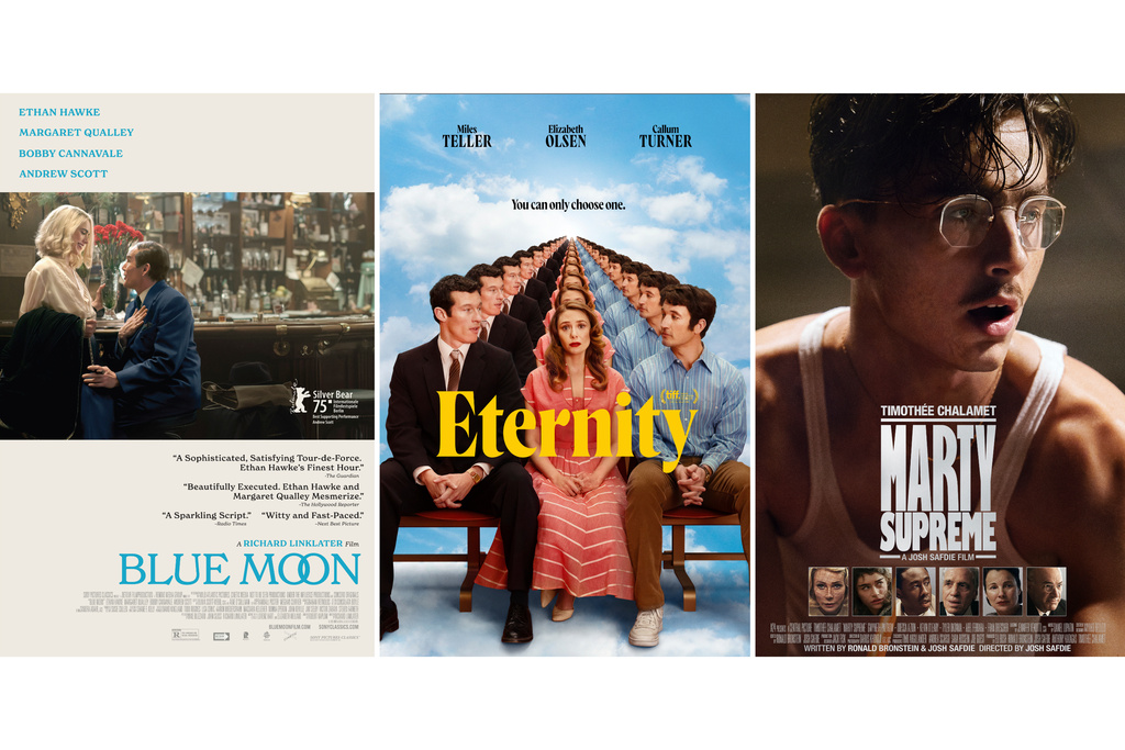 This combination of images show promotional art for "Blue Moon," left, "Eternity," center, and "Marty Supreme." (Sony Pictures Classics/A24/A24 via AP)