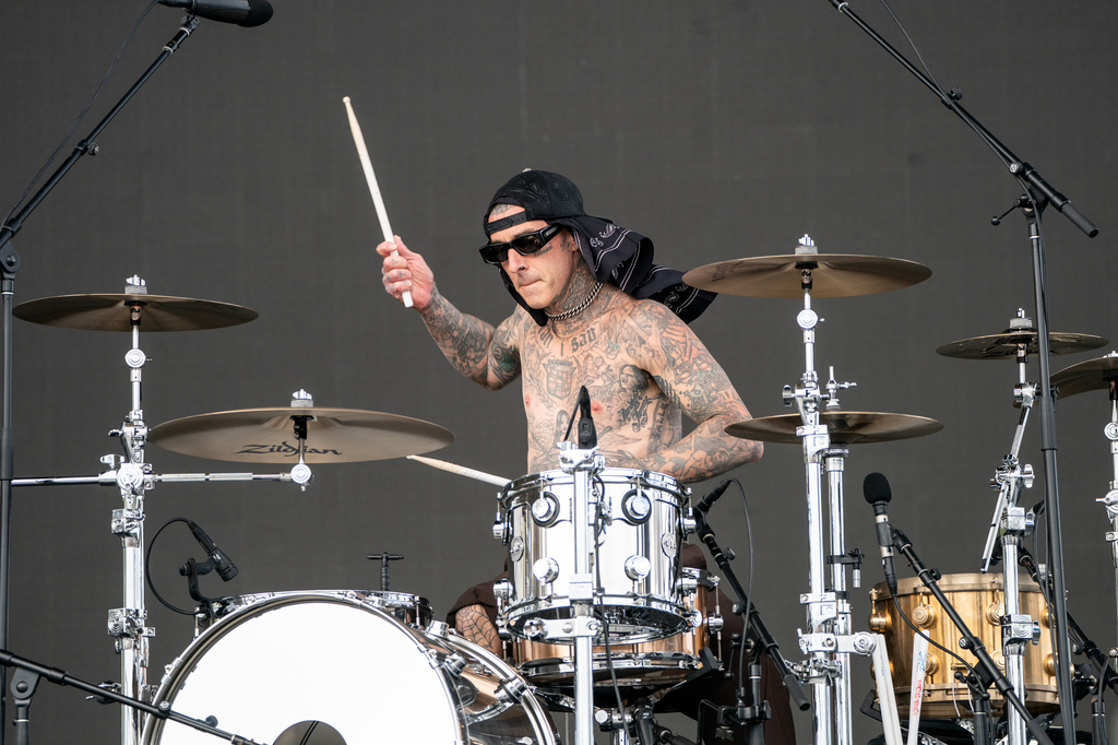 Travis Barker performs with Clipse during the first weekend of Coachella Valley Music and Arts Festival on Sunday, April 12, 2026, in Indio, Calif. (Photo by Amy Harris/Invision/AP)