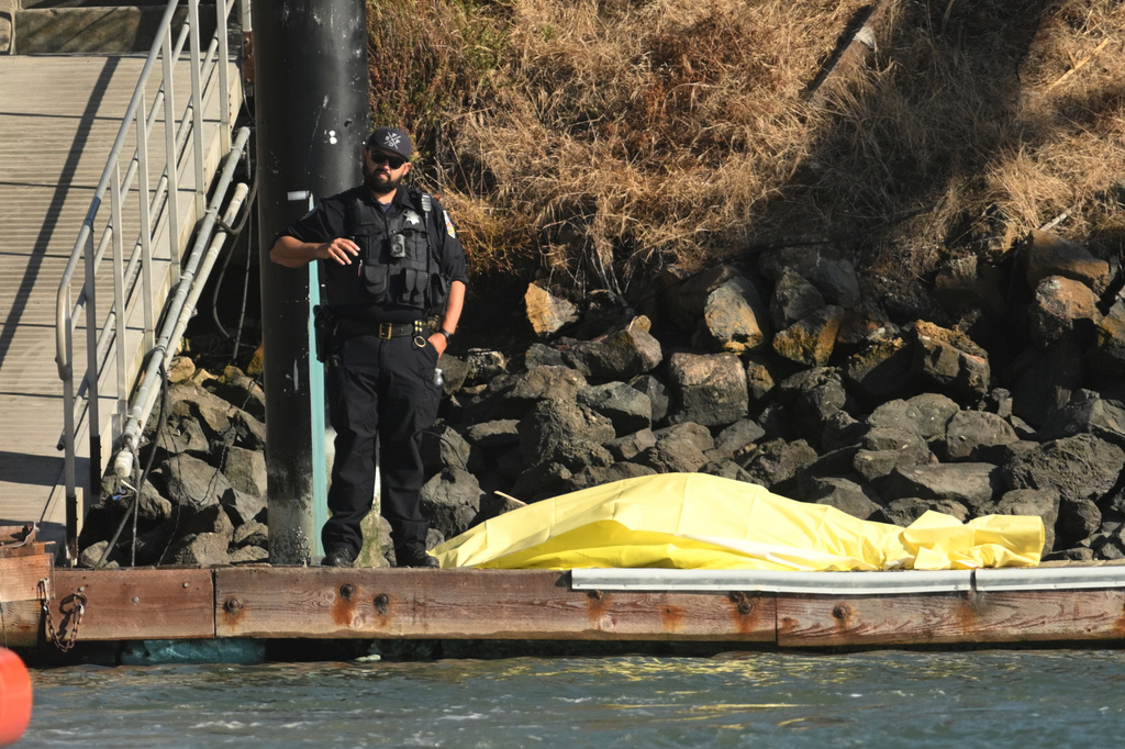 A body is covered with a tarp on a dock near the site of boat accident on Tuesday, July 14, 2026, in San Francisco. (AP Photo/Noah Berger)