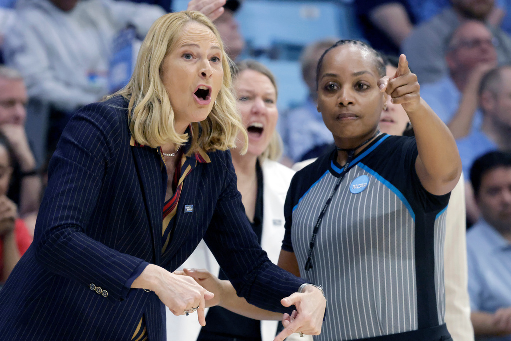Maryland head coach Brenda Frese argues a call with an official during the first half against North Carolina in the second round of the NCAA college basketball tournament, Sunday, March 22, 2026, in Chapel Hill, N.C. (AP Photo/Chris Seward)