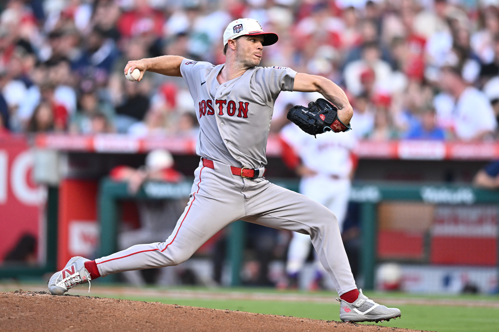 Boston Red Sox pitcher Sonny Gray delivers during the first inning of a baseball game against the Los Angeles Angels, Saturday, July 4, 2026, in Anaheim, Calif. (AP Photo/William Liang)