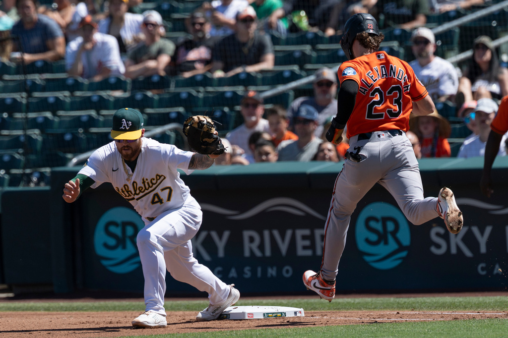 Athletics first baseman Tommy White (47) puts out Baltimore Orioles' Blaze Alexander (23) during the third inning of a baseball game Sunday, Aug. 30, 2026, in West Sacramento, Calif. (AP Photo/Sara Nevis)