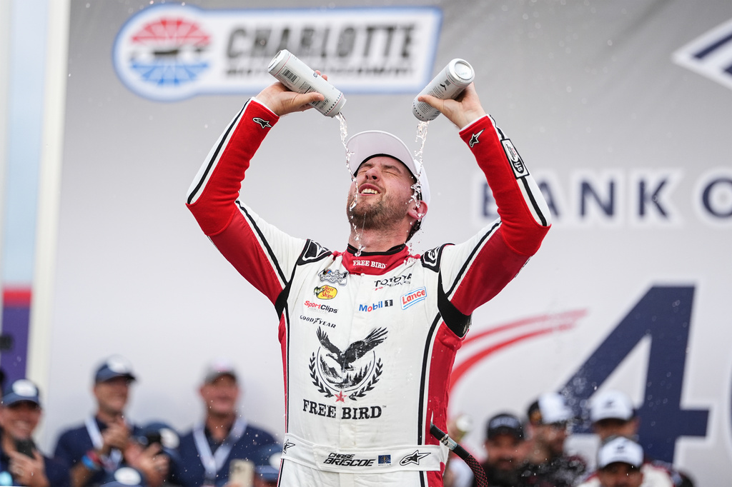 Chase Briscoe celebrates in Victory Lane after winning a NASCAR Cup Series auto race, Sunday, Oct. 11, 2026, in Concord, N.C. (AP Photo/Matt Kelley)