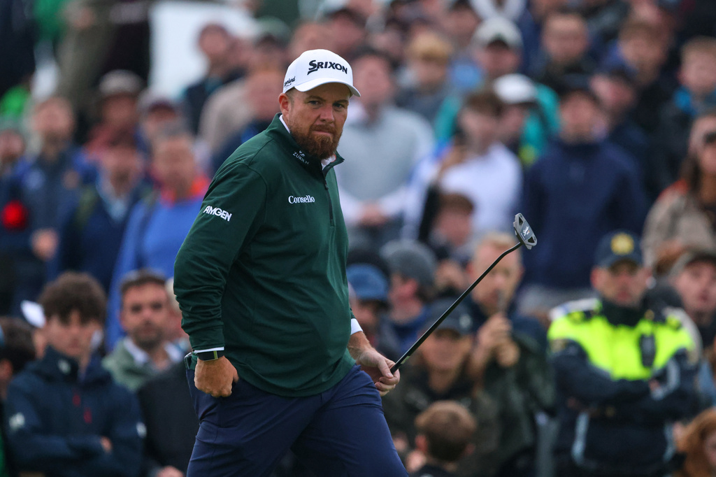 Shane Lowry of Ireland reacts during the Irish Open at Trump International Golf Links in Doonbeg, Ireland, Saturday, Sept. 12, 2026.(AP Photo/Peter Morrison)
