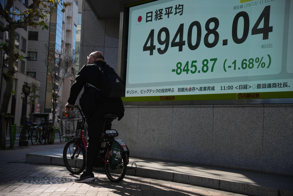 A person on a bicycle waits in front of an electronic stock board showing Japan's Nikkei index at a securities firm Monday, Dec. 1, 2025, in Tokyo. (AP Photo/Eugene Hoshiko)