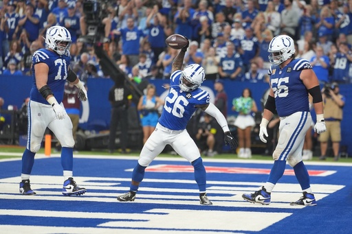 Indianapolis Colts running back Ameer Abdullah (26) celebrates a touchdown run during the second half of an NFL football game against the Las Vegas Raiders, Sunday, Oct. 5, 2025, in Indianapolis. (AP Photo/Michael Conroy) Indianapolis Colts running back Ameer Abdullah (26) celebrates a touchdown run during the second half of an NFL football game against the Las Vegas Raiders, Sunday, Oct. 5, 2025, in Indianapolis. (AP Photo/Michael Conroy)