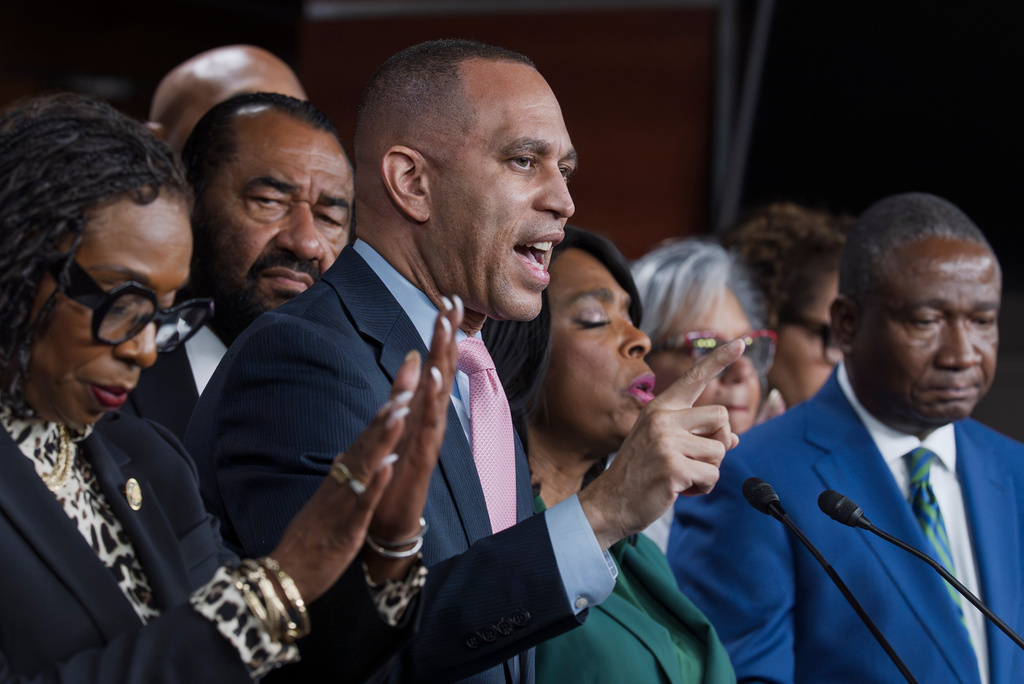 House Minority Leader Hakeem Jeffries, D-N.Y., and members of the Congressional Black Caucus speak to reporters in the wake of the Supreme Court ruling to strike down a majority Black congressional district in Louisiana, at the Capitol in Washington, Wednesday, April 29, 2026. (AP Photo/J. Scott Applewhite)