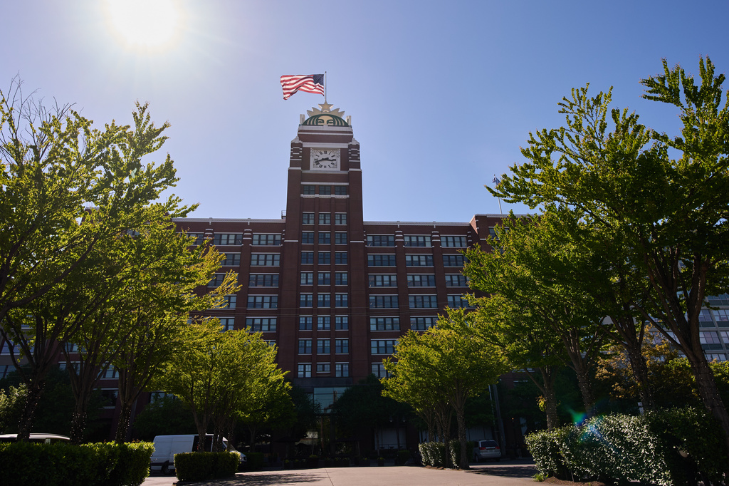 The Starbucks global corporate headquarters building is seen Monday, May 11, 2026, in Seattle. (AP Photo/Lindsey Wasson)