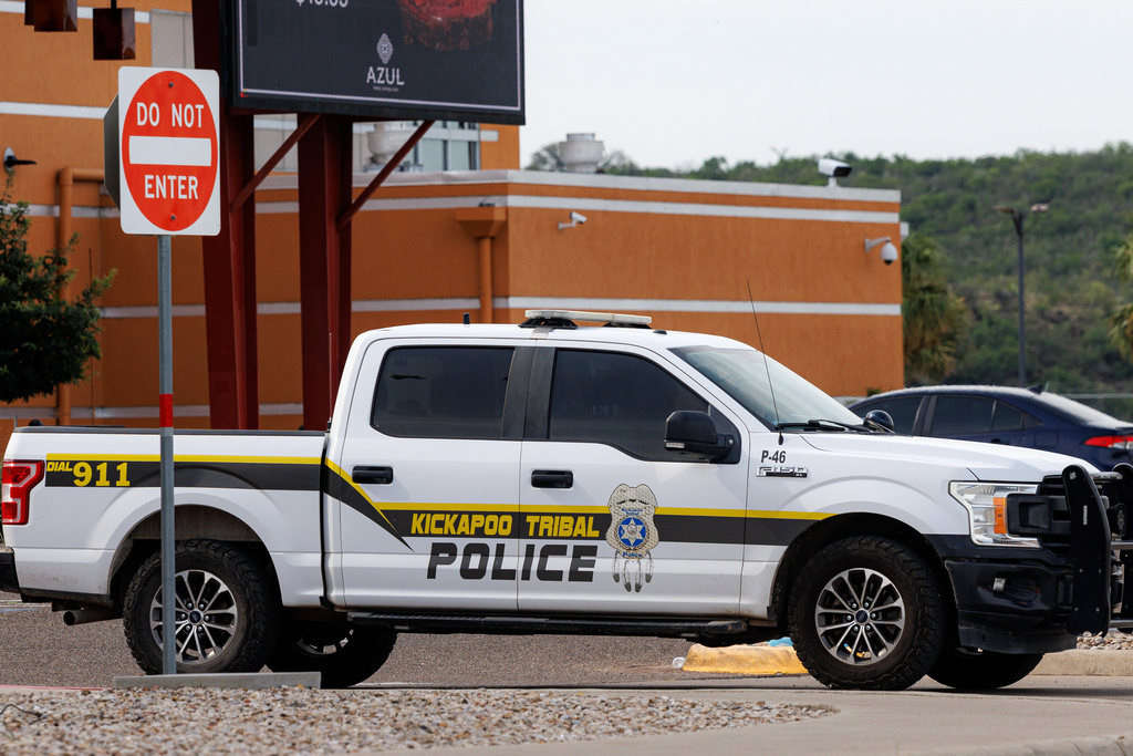 A Kickapoo Tribal police truck is parked in front of the entrance to Kickapoo Lucky Eagle Casino in Eagle Pass, Texas, Monday, Sept. 29, 2025, after a deadly shooting at the casino late Saturday night. (Sam Owens/The San Antonio Express-News via AP)