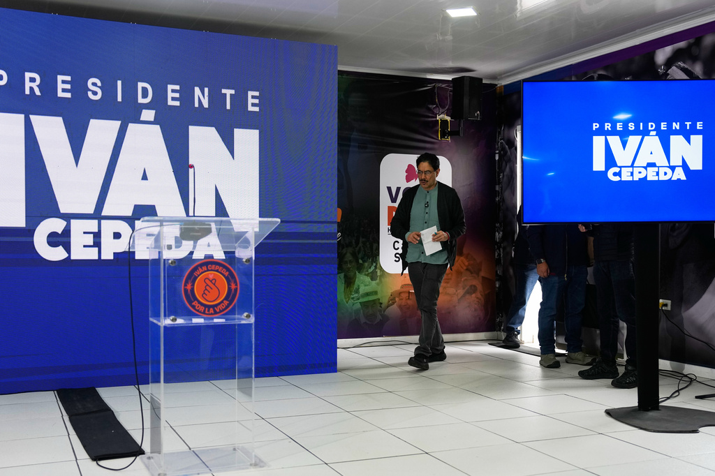 Sen. Ivan Cepeda, presidential candidate with the ruling Historic Pact Coalition, arrives to give a press conference the day after the presidential election runoff in Bogota, Colombia, Monday, June 22, 2026. (AP Photo/Fernando Vergara)