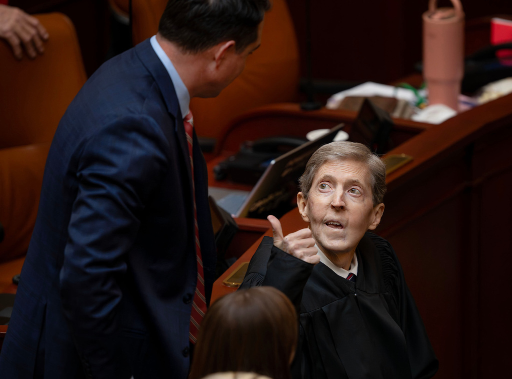 Rep. Clinton Okerlund, R-Sandy, left, speaks with Chief Justice Matthew Durrant prior to Justice Durrant delivering the State of the Judiciary address on the first day of the 2026 legislative session in Salt Lake City, on Tuesday, Jan. 20, 2026. (The Deseret News via AP)