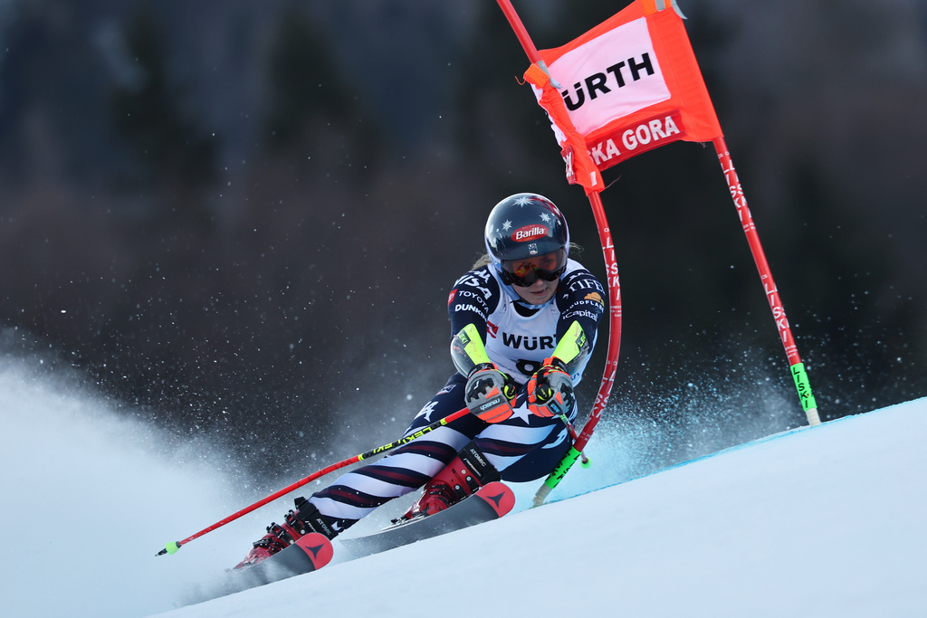 United States' Mikaela Shiffrin speeds down the course during an alpine ski, women's World Cup giant slalom in Kranjska Gora, Slovenia, Saturday, Jan. 3, 2026. (AP Photo/Marco Trovati)