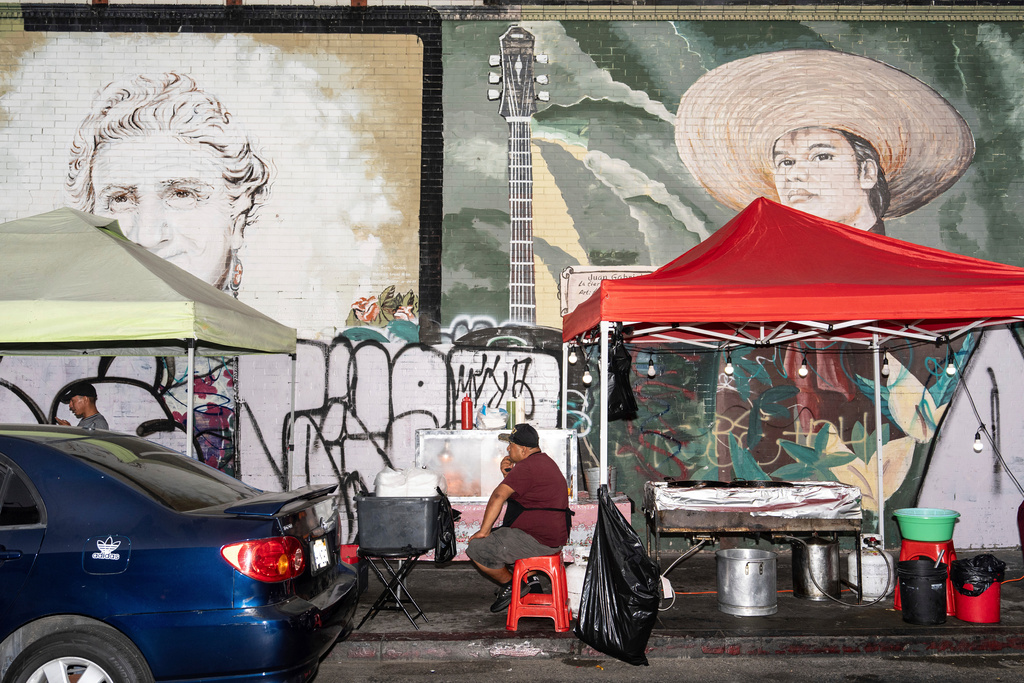 FILE - Street vendor Hector, an immigrant from Guatemala, waits for customers at his food cart in Los Angeles, on Aug. 5, 2025. (AP Photo/Jae C. Hong, File)