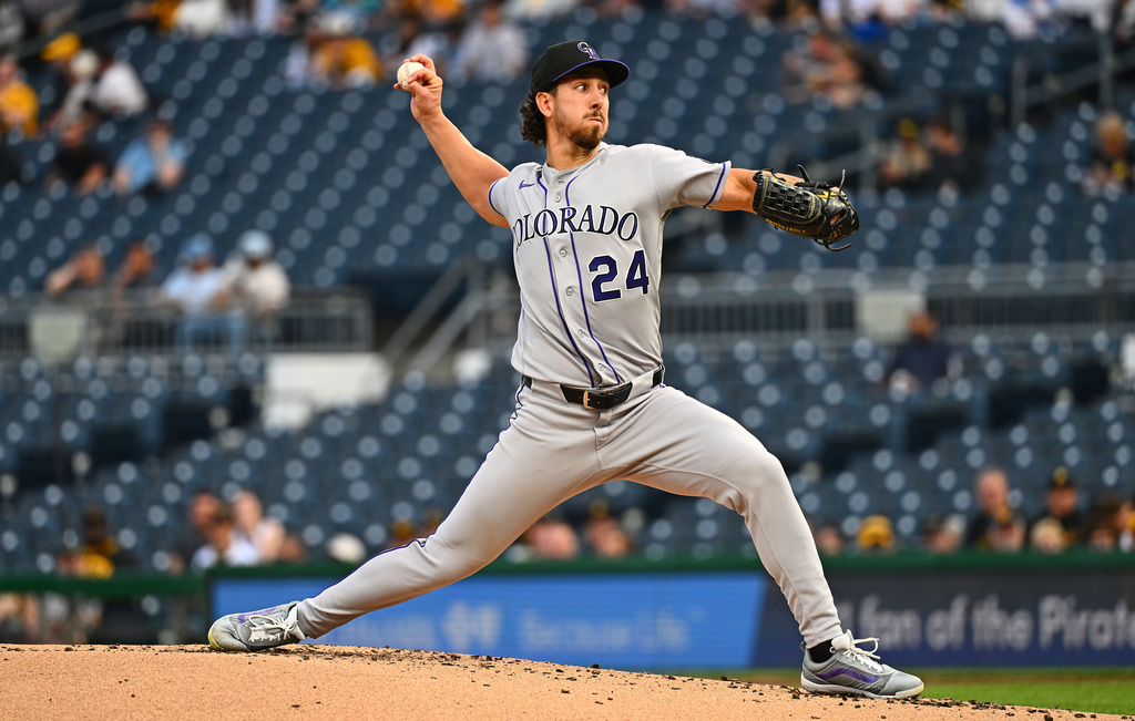 Colorado Rockies pitcher Michael Lorenzen delivers during the first inning of a baseball game against the Pittsburgh Pirates in Pittsburgh, Tuesday, May 12, 2026. (AP Photo/Justin Berl)