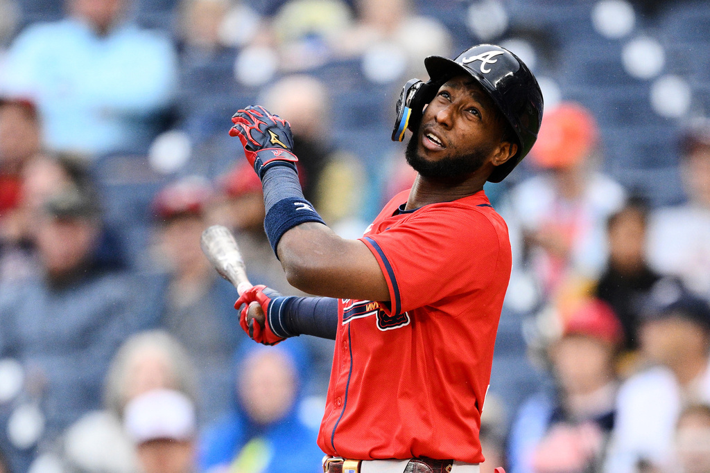 FILE - Atlanta Braves' Jurickson Profar reacts during a baseball game against the Washington Nationals, Wednesday, Sept. 17, 2025, in Washington. (AP Photo/Nick Wass, File)