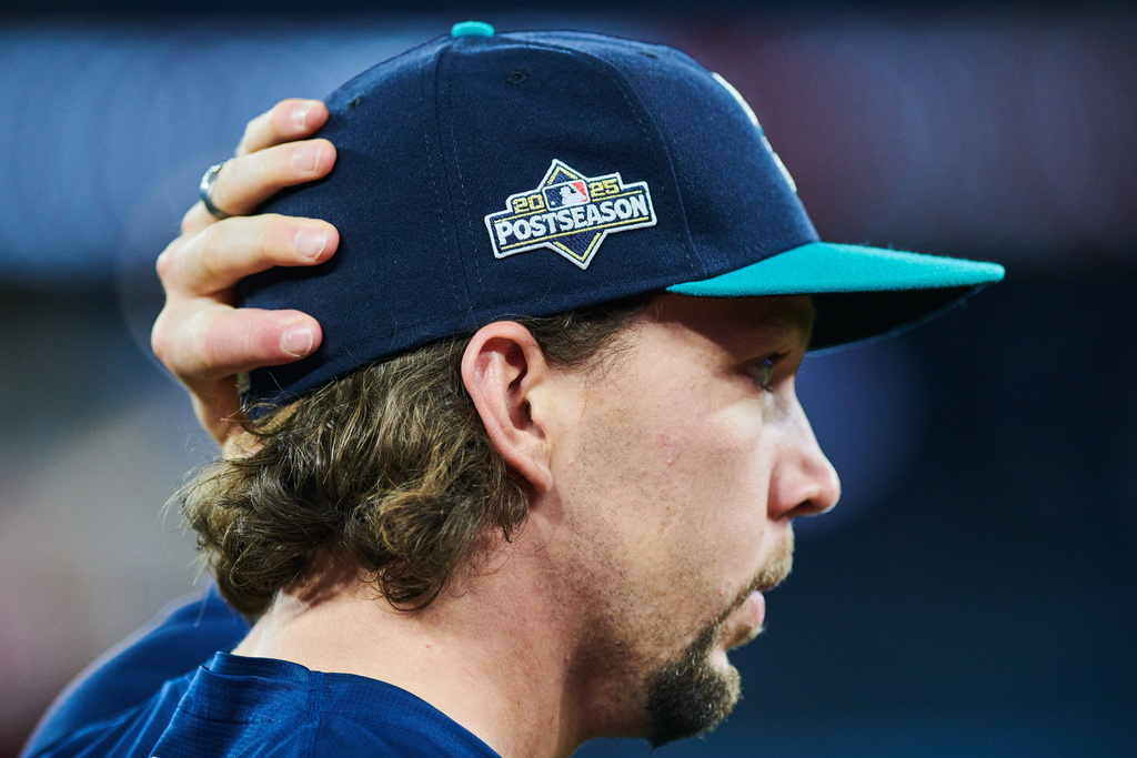 Seattle Mariners' Logan Gilbert (36) looks on during batting practice, Saturday, Oct. 18, 2025, in Toronto, ahead of Sunday's Game 6 in baseball's American League Championship Series against the Toronto Blue Jays. (Sammy Kogan/The Canadian Press via AP)