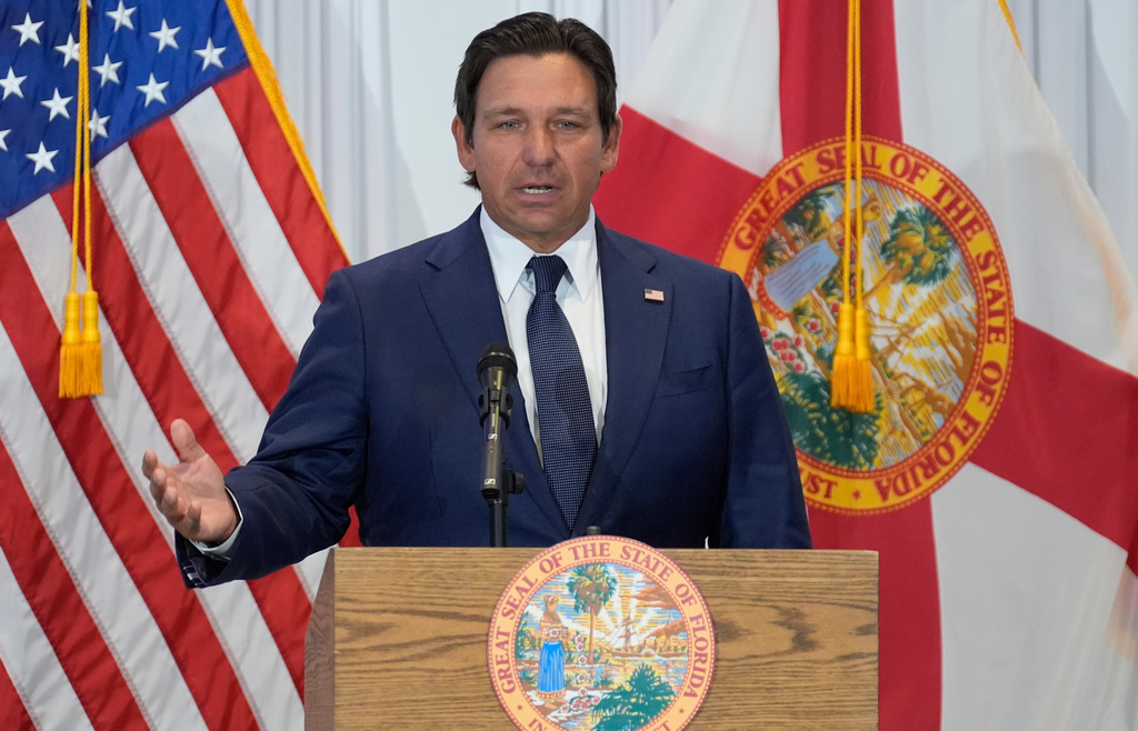 FILE - Florida Gov. Ron DeSantis speaks during a news conference Aug. 12, 2025, in Tampa, Fla. (AP Photo/Chris O'Meara, File)