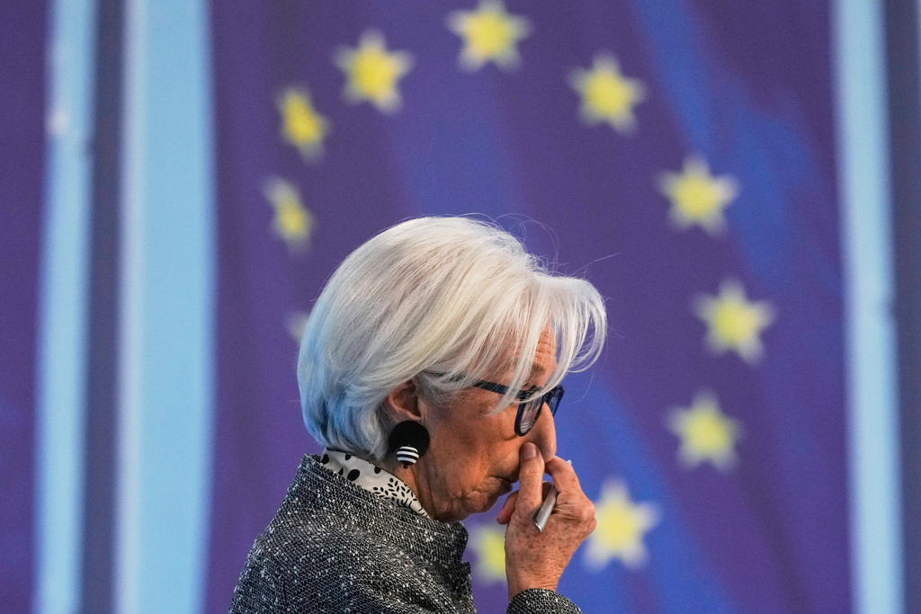 President of European Central Bank Christine Lagarde reacts during a press conference after an ECB's governing council meeting in Frankfurt, Germany, Thursday, March 19, 2026. (AP Photo/Michael Probst)