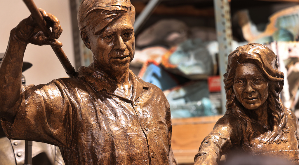 Refurbished statues of Cesar Chavez and Dolores Huerta is seen at the studio of Napa artist and sculptor Mario Chiodo, Wednesday, Dec. 17, 2025. (Kent Porter/The Press Democrat)