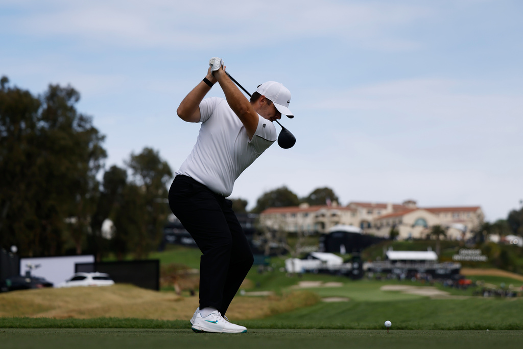 Chris Gotterup hits from the ninth tee during the second round of the Genesis Invitational golf tournament at Riviera Country Club, Friday, Feb. 20, 2026, in the Pacific Palisades area of Los Angeles. (AP Photo/Caroline Brehman)