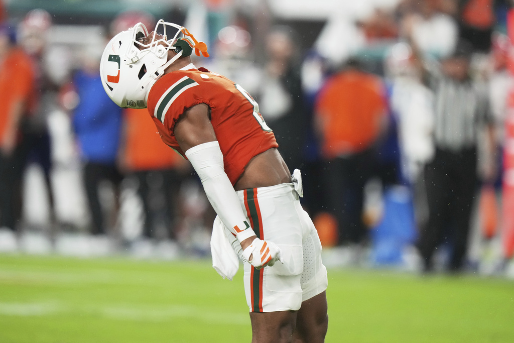 Miami defensive back Jakobe Thomas reacts after sacking Florida quarterback DJ Lagway during the first half of an NCAA college football game, Saturday, Sept. 20, 2025, in Miami Gardens, Fla. (AP Photo/Lynne Sladky)