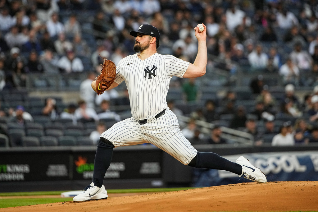 New York Yankees pitcher Carlos Rodon (55), throws during the first inning of a baseball game against the Toronto Blue Jays, Thursday, May 21, 2026. in New York. (AP Photo/Eduardo Munoz Alvarez)