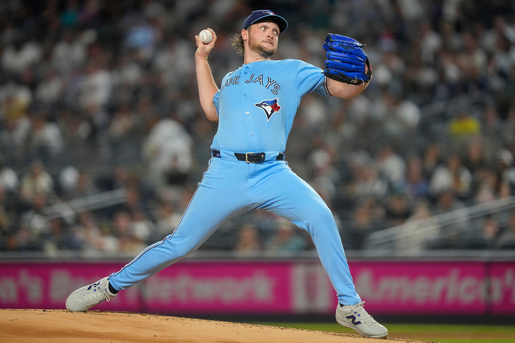 Toronto Blue Jays pitcher Trey Yesavage (39) throws during the first inning of a baseball game against the New York Yankees, Wednesday, May 20, 2026, in New York. (AP Photo/Yuki Iwamura)