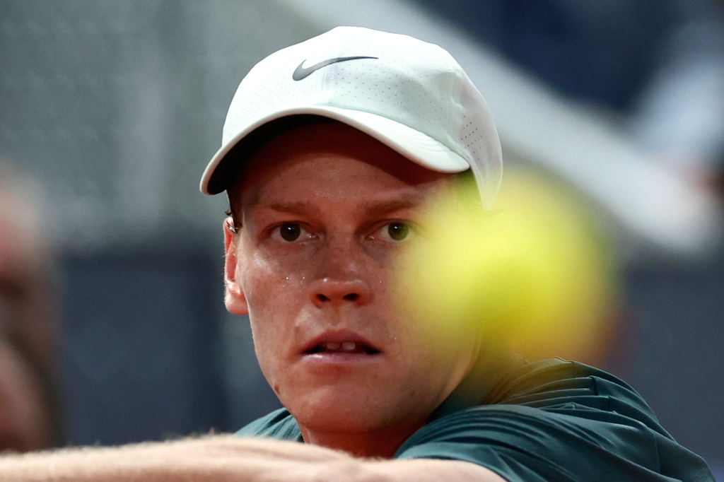 Jannik Sinner of Italy returns the ball to Rafael Jodar of Spain during the Madrid Open tennis tournament in Madrid, Wednesday, April 29, 2026. (AP Photo/Pablo Garcia)