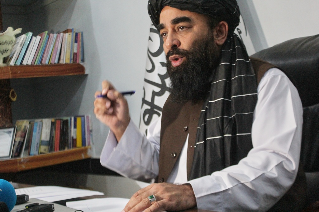 Afghan government spokesperson Zabihullah Mujahid speaks to journalists in Kandahar, Afghanistan, Friday, Feb. 27, 2026. (AP Photo/Sibghatullah)