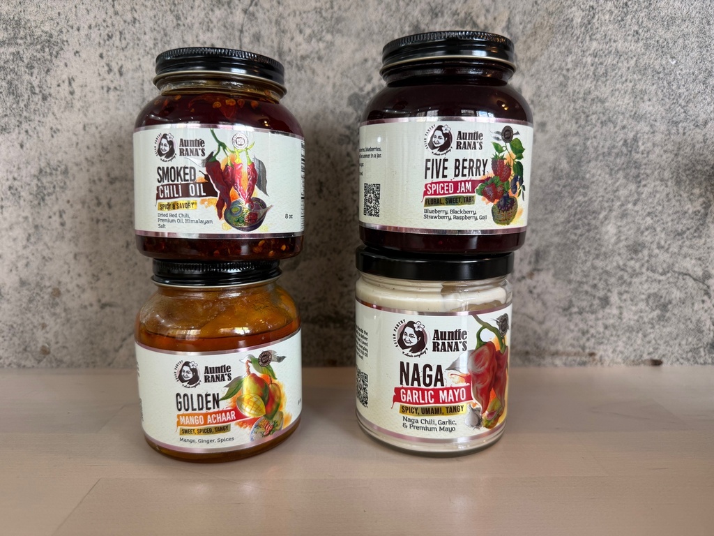 Various condiments inspired by South Asian flavors from Auntie Rana’s. (Katie Workman via AP)