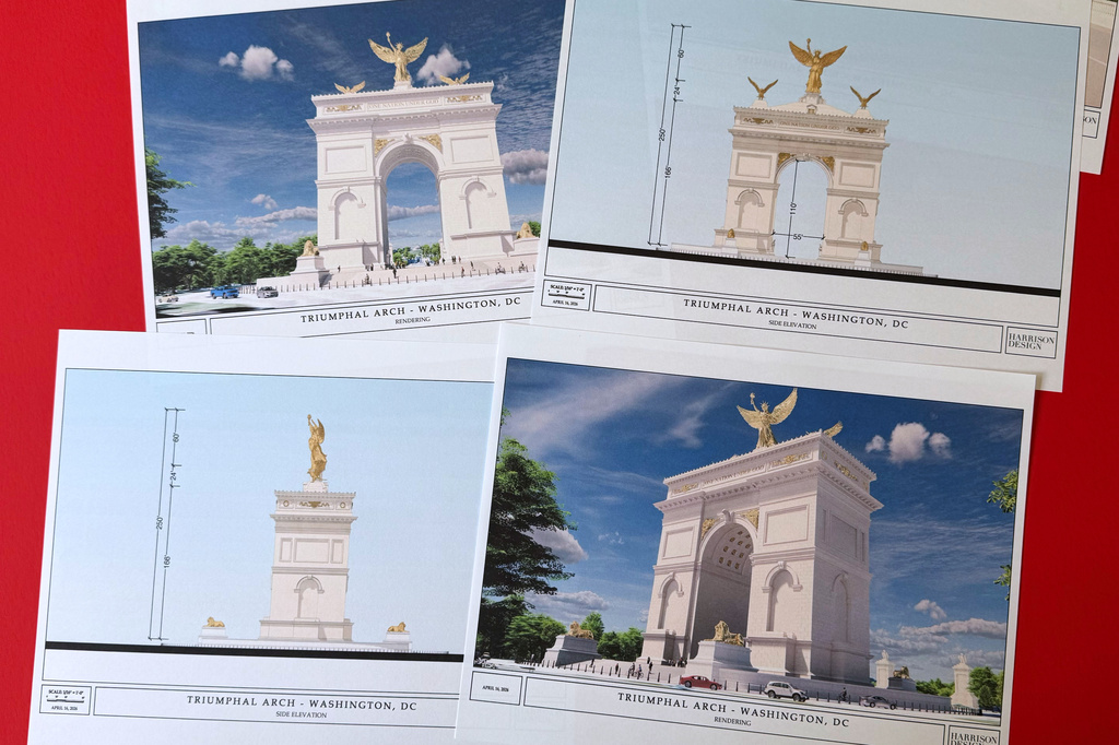Artist renderings and diagrams for President Donald Trump's new triumphal arch released by the U.S. Commission on Fine Arts that is planned to be built in Washington between the Lincoln Memorial and Arlington National Cemetery, are photographed Friday, April 10, 2026. (AP Photo/Jon Elswick)