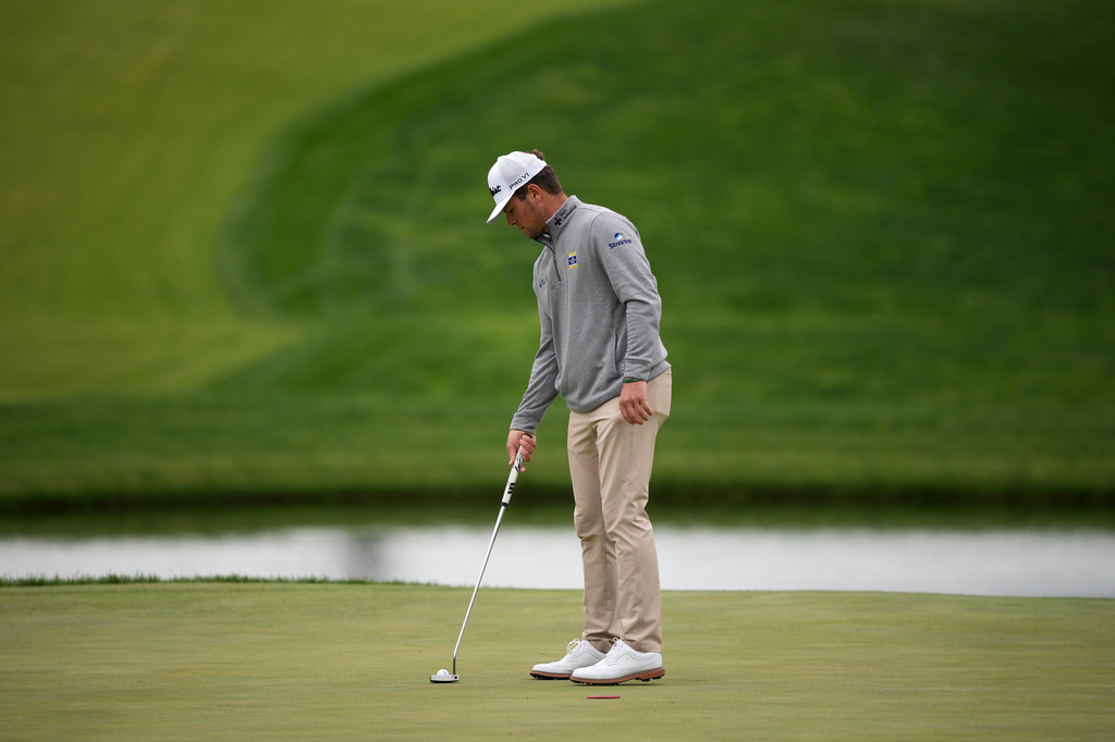 Michael Brennan practices on the 10th hole before the PGA Championship golf tournament at the Aronimink Golf Club Monday, May 11, 2026, in Newtown Square, Pa. (AP Photo/Matt Slocum)