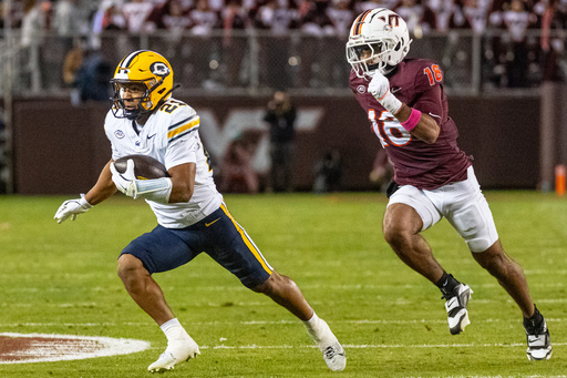 California wide receiver Jacob de Jesus (21) runs the downfield during the first half of an NCAA college football game against Virginia Tech, Friday Oct. 24, 2025, in Blacksburg, Va. (AP Photo/Robert Simmons) California wide receiver Jacob de Jesus (21) runs the downfield during the first half of an NCAA college football game against Virginia Tech, Friday Oct. 24, 2025, in Blacksburg, Va. (AP Photo/Robert Simmons)