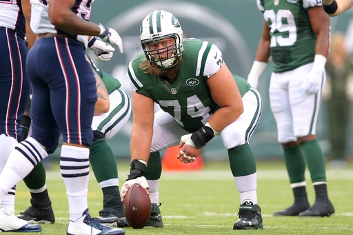 FILE - New York Jets center Nick Mangold (74) lines up against the New England Patriots during an NFL game at MetLife Stadium in East Rutherford, N.J. on Sunday, Dec. 27, 2015. (AP Photo/Brad Penner, File) FILE - New York Jets center Nick Mangold (74) lines up against the New England Patriots during an NFL game at MetLife Stadium in East Rutherford, N.J. on Sunday, Dec. 27, 2015. (AP Photo/Brad Penner, File)