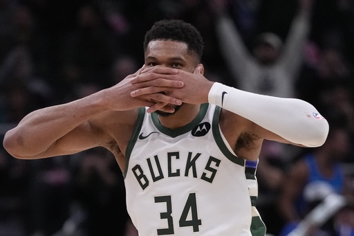 Milwaukee Bucks' Giannis Antetokounmpo reacts during the second half of an NBA basketball game against the New York Knicks Tuesday, Oct. 28, 2025, in Milwaukee. (AP Photo/Morry Gash) Milwaukee Bucks' Giannis Antetokounmpo reacts during the second half of an NBA basketball game against the New York Knicks Tuesday, Oct. 28, 2025, in Milwaukee. (AP Photo/Morry Gash)