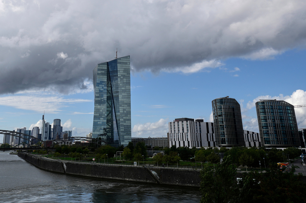 FILE - Clouds cover the sky over the headquarters of the European Central Bank in Frankfurt, Germany, Thursday, Sept. 11, 2025. (AP Photo/Michael Probst, File)