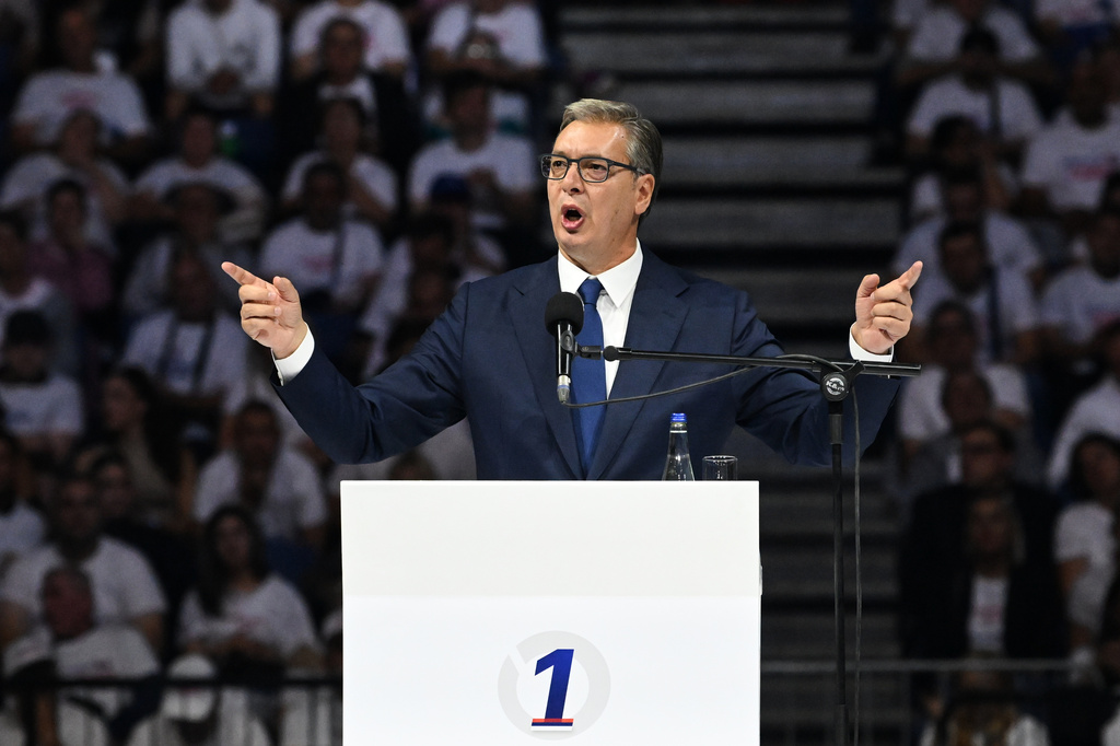 Serbia's populist leader Aleksandar Vucic speaks during a rally for the de-facto launch of his campaign for prime minister that will culminate in a pivotal election set for Oct. 25 in Belgrade, Serbia, Saturday, Oct. 3, 2026. (AP Photo)