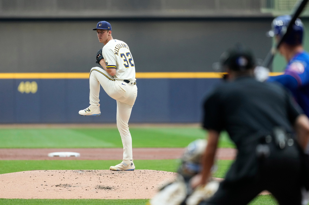 Milwaukee Brewers pitcher Jacob Misiorowski winds up to deliver during the second inning of a baseball game against the New York Mets, Monday, July 20, 2026, in Milwaukee. (AP Photo/Aaron Gash)