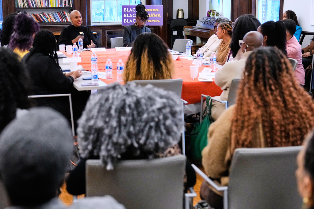 U.S. Rep. Ayanna Pressley, D-Mass. addresses a gathering at a roundtable meeting, Monday, Nov. 24, 2025, in Boston. (AP Photo/Charles Krupa)
