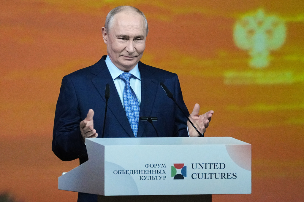 Russian President Vladimir Putin gestures as he speaks at an international culture forum in St. Petersburg, Russia, Friday, Sept. 25, 2026. (AP Photo/Dmitri Lovetsky)