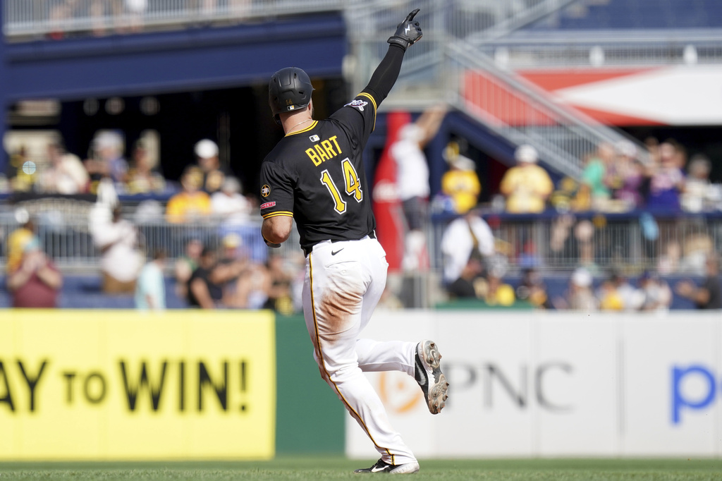Pittsburgh Pirates' Joey Bart rounds the bases after hitting a three-run home run during the fifth inning of a baseball game against the Athletics, Sunday, Sept. 21, 2025, in Pittsburgh. (AP Photo/Matt Freed)