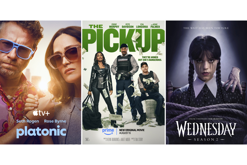 This combination of photos shows promotional art for the series "Platonic," left, the film "The Pickup," center, and the series "Wednesday." (Apple TV+/Prime Video/Netflix via AP)