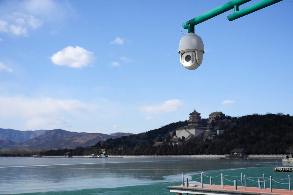 A CCTV camera is positioned outside the Summer Palace in Beijing on Tuesday, Feb. 4, 2025. (AP Photo/Aaron Favila)